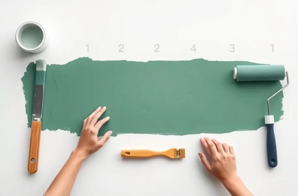 Outils de peinture disposés dans l'ordre des étapes du chantier