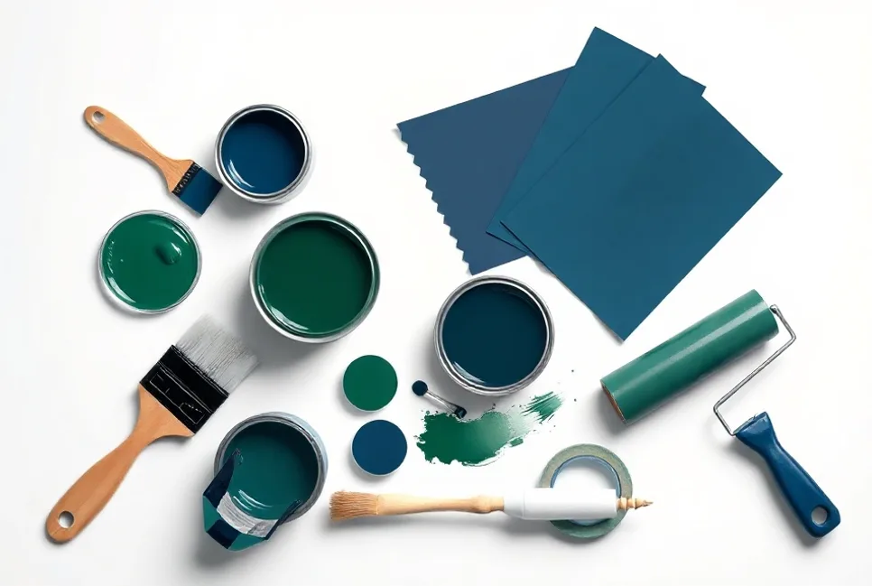 Pots de peinture, nuancier, brosses et rouleaux disposés à plat