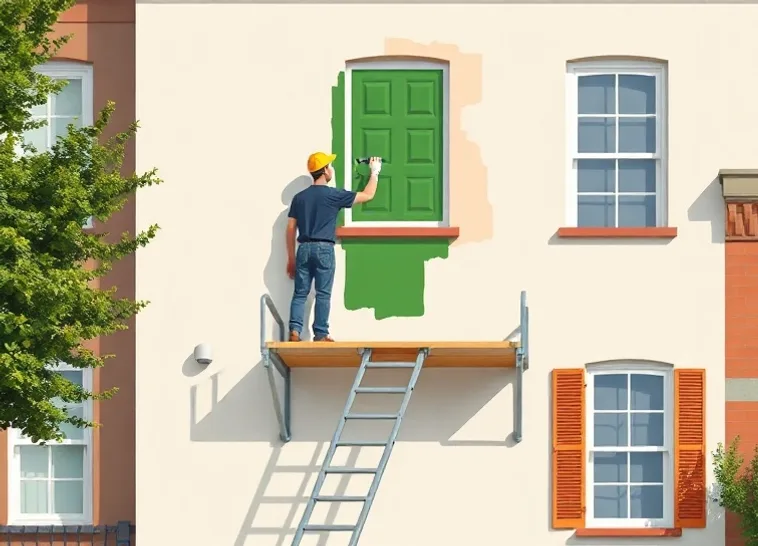 Peintre sur échafaudage traitant la façade d'une maison