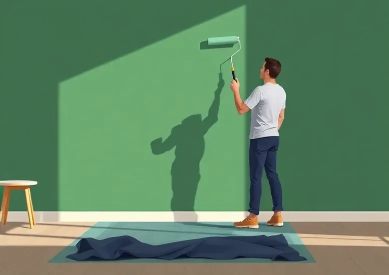 Peintre appliquant la peinture au rouleau sur un mur de salon